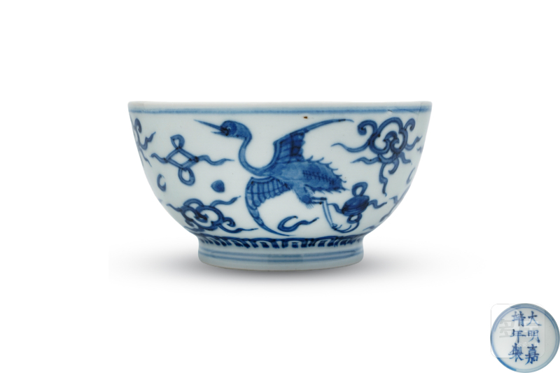清康熙 青花仿嘉窑云鹤纹碗